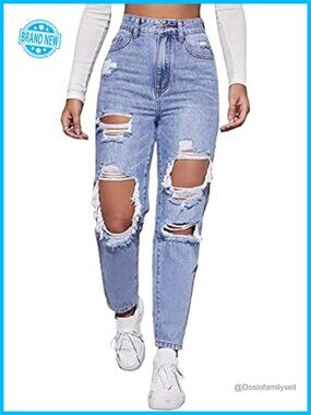 High Waist Straight Leg Ripped Jeans Distressed Denim Pants